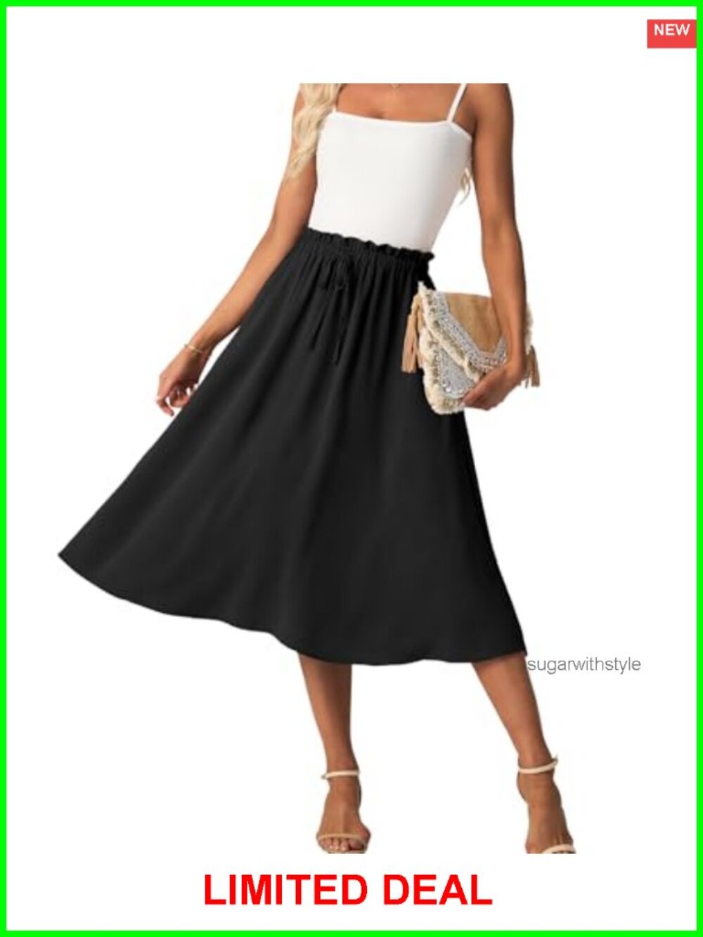 High Waist A-Line Midi Skirt with Pockets Flowy Summer Casual